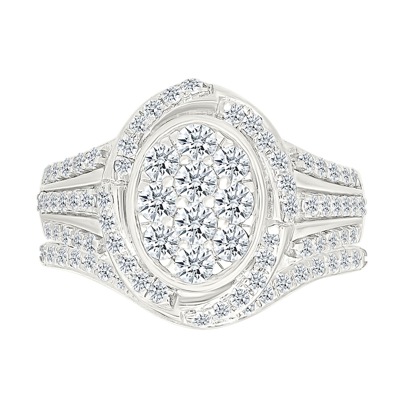 1.23 CT. T.W. Oval-Shaped Multi-Diamond Swirl Frame Triple Row Shank Bridal Set in 10K Gold