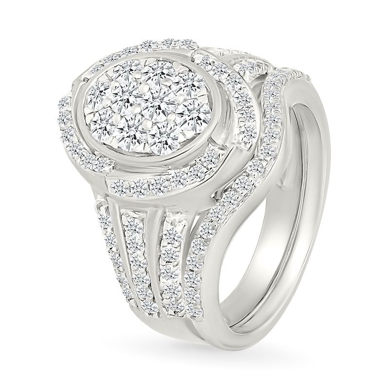 1.23 CT. T.W. Oval-Shaped Multi-Diamond Swirl Frame Triple Row Shank Bridal Set in 10K Gold