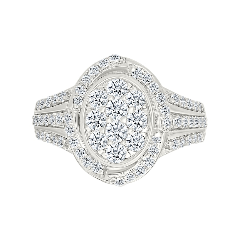 1.23 CT. T.W. Oval-Shaped Multi-Diamond Swirl Frame Triple Row Shank Bridal Set in 10K Gold