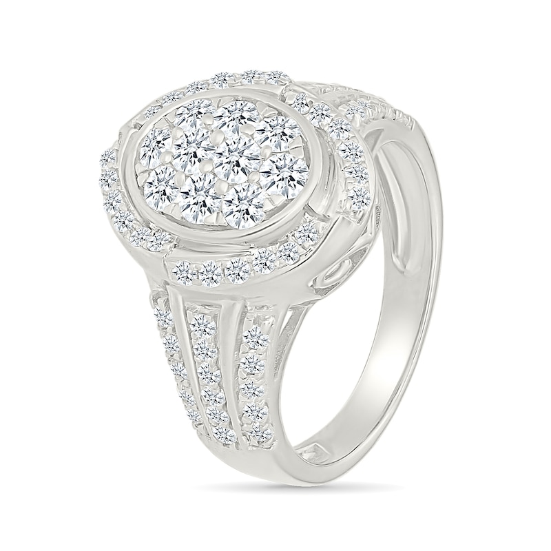 1.23 CT. T.W. Oval-Shaped Multi-Diamond Swirl Frame Triple Row Shank Bridal Set in 10K Gold