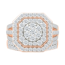 1.95 CT. T.W. Multi-Diamond Double Octagonal Frame Triple Row Split Shank Bridal Set in 10K Rose Gold
