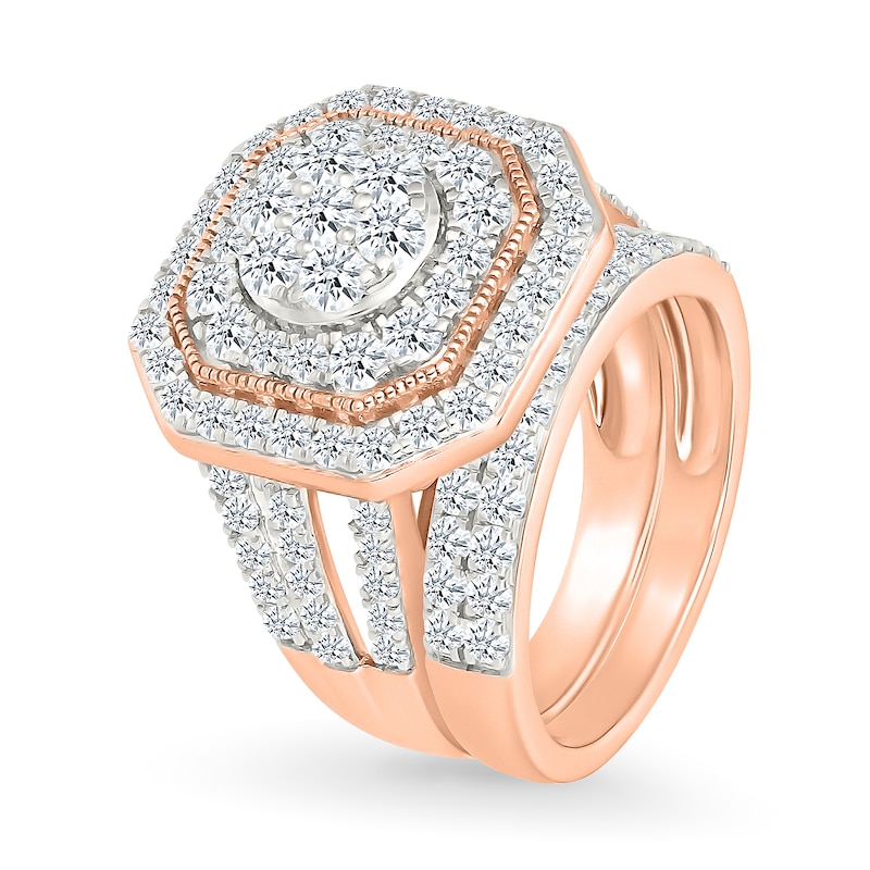 Main Image 2 of 1.95 CT. T.W. Multi-Diamond Double Octagonal Frame Triple Row Split Shank Bridal Set in 10K Rose Gold