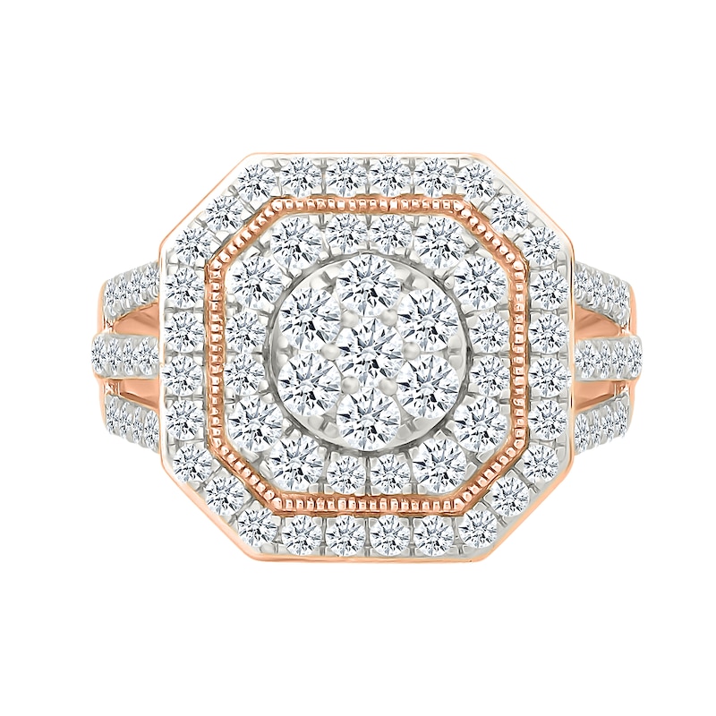 Main Image 3 of 1.95 CT. T.W. Multi-Diamond Double Octagonal Frame Triple Row Split Shank Bridal Set in 10K Rose Gold