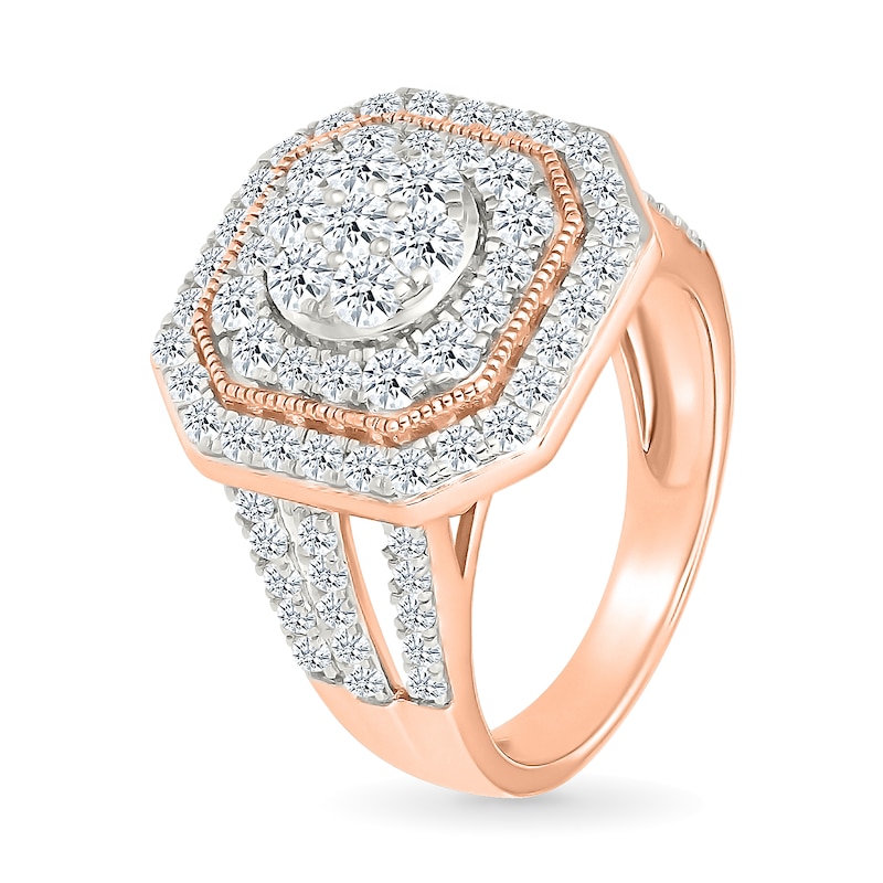 Main Image 4 of 1.95 CT. T.W. Multi-Diamond Double Octagonal Frame Triple Row Split Shank Bridal Set in 10K Rose Gold