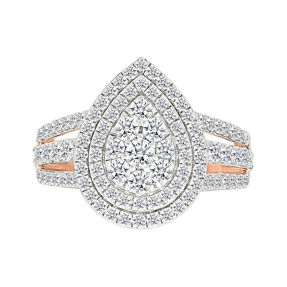 1.95 CT. T.W. Pear-Shaped Multi-Diamond Double Frame Triple Row Split Shank Bridal Set in 10K Rose Gold