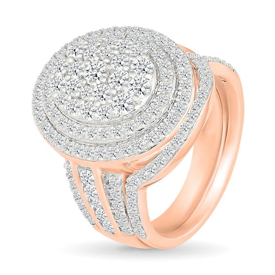 1.95 CT. T.W. Oval-Shaped Multi-Diamond Double Frame Multi-Row Shank Bridal Set in 10K Rose Gold