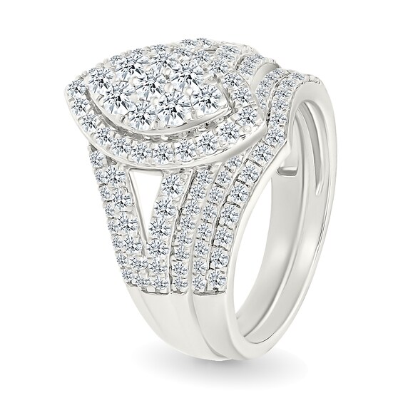 1.45 CT. T.W. Marquise-Shaped Multi-Diamond Frame Multi-Row Split Shank Bridal Set in 10K Gold