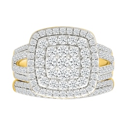 1.45 CT. T.W. Cushion-Shaped Multi-Diamond Double Frame Multi-Row Split Shank Bridal Set in 10K Gold