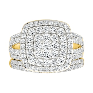 1.45 CT. T.W. Cushion-Shaped Multi-Diamond Double Frame Multi-Row Split Shank Bridal Set in 10K Gold