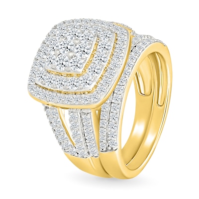 1.45 CT. T.W. Cushion-Shaped Multi-Diamond Double Frame Multi-Row Split Shank Bridal Set in 10K Gold