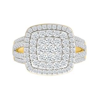 1.45 CT. T.W. Cushion-Shaped Multi-Diamond Double Frame Multi-Row Split Shank Bridal Set in 10K Gold