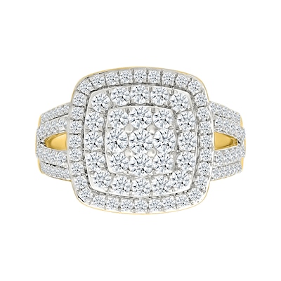 1.45 CT. T.W. Cushion-Shaped Multi-Diamond Double Frame Multi-Row Split Shank Bridal Set in 10K Gold
