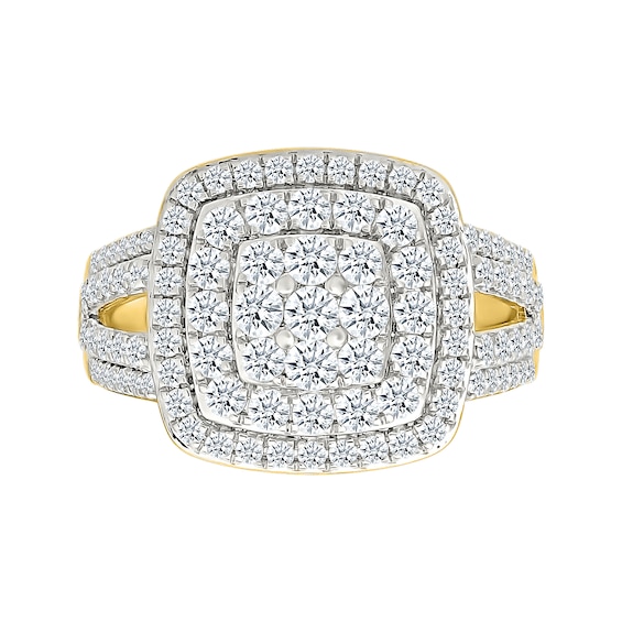 1.45 CT. T.W. Cushion-Shaped Multi-Diamond Double Frame Multi-Row Split Shank Bridal Set in 10K Gold