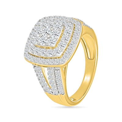1.45 CT. T.W. Cushion-Shaped Multi-Diamond Double Frame Multi-Row Split Shank Bridal Set in 10K Gold
