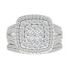 Thumbnail Image 1 of 1.45 CT. T.W. Cushion-Shaped Multi-Diamond Double Frame Multi-Row Split Shank Bridal Set in 10K White Gold