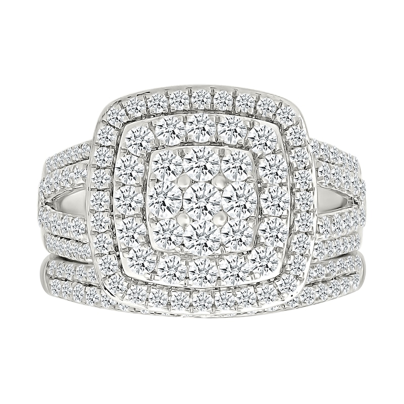 1.45 CT. T.W. Cushion-Shaped Multi-Diamond Double Frame Multi-Row Split Shank Bridal Set in 10K White Gold