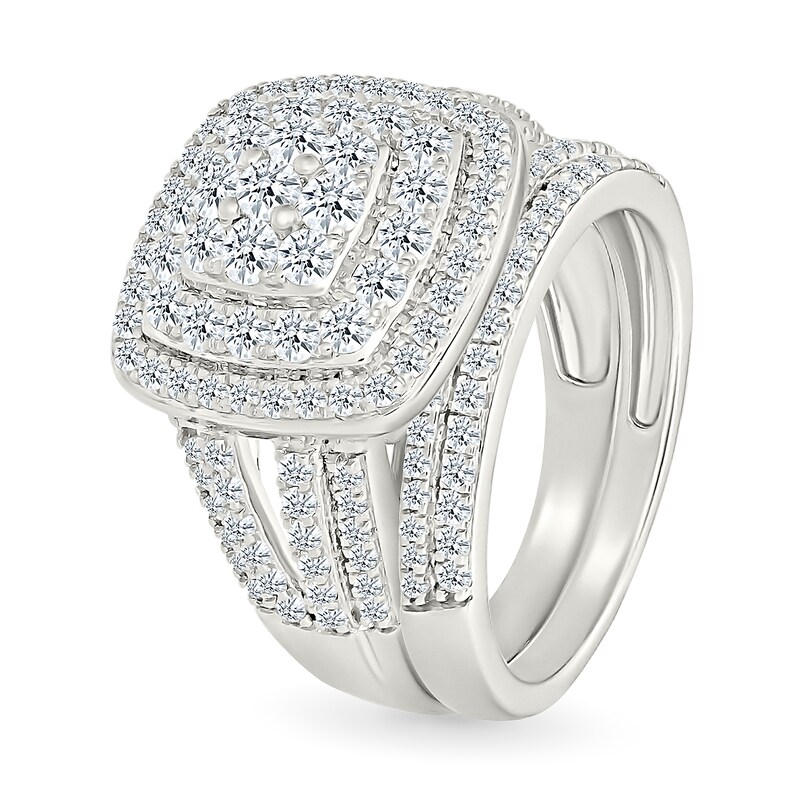 Main Image 2 of 1.45 CT. T.W. Cushion-Shaped Multi-Diamond Double Frame Multi-Row Split Shank Bridal Set in 10K White Gold