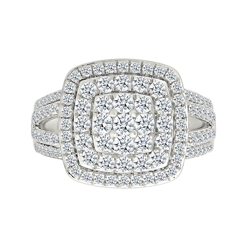 Main Image 3 of 1.45 CT. T.W. Cushion-Shaped Multi-Diamond Double Frame Multi-Row Split Shank Bridal Set in 10K White Gold
