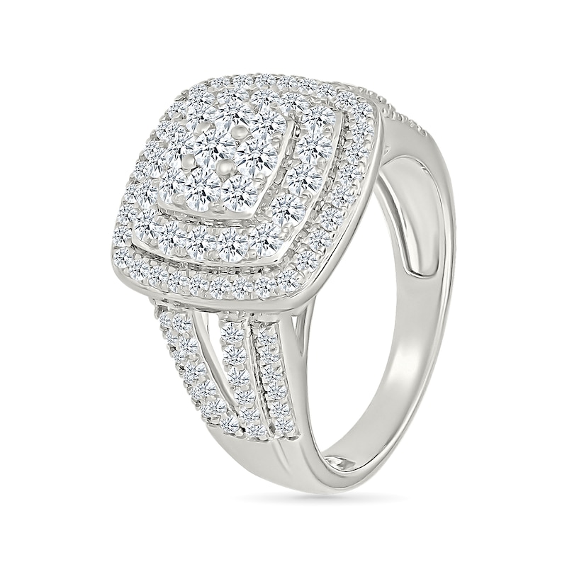 Main Image 4 of 1.45 CT. T.W. Cushion-Shaped Multi-Diamond Double Frame Multi-Row Split Shank Bridal Set in 10K White Gold