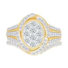 1.23 CT. T.W. Oval-Shaped Multi-Diamond Swirl Frame Triple Row Shank Bridal Set in 10K Gold