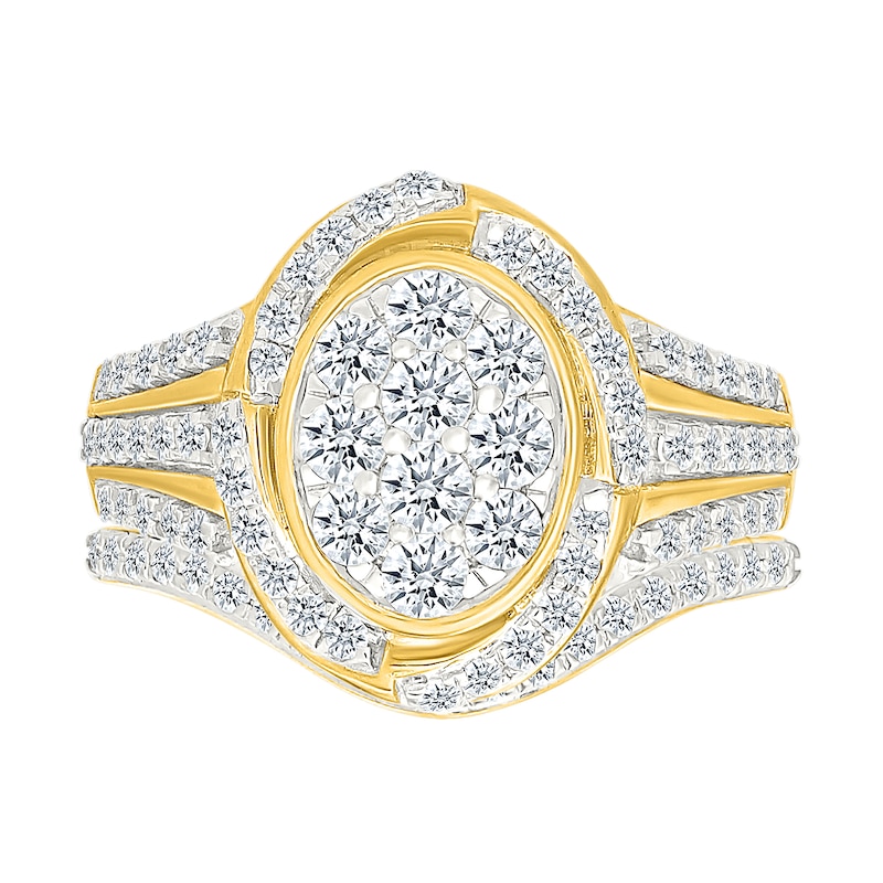 Main Image 1 of 1.23 CT. T.W. Oval-Shaped Multi-Diamond Swirl Frame Triple Row Shank Bridal Set in 10K Gold
