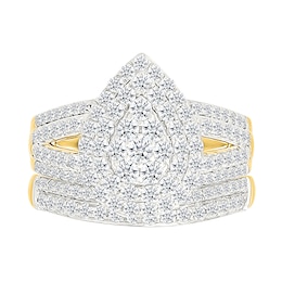 1.45 CT. T.W. Pear-Shaped Multi-Diamond Double Frame Multi-Row Split Shank Bridal Set in 10K Gold