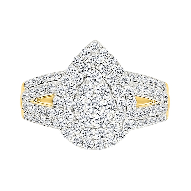 Main Image 3 of 1.45 CT. T.W. Pear-Shaped Multi-Diamond Double Frame Multi-Row Split Shank Bridal Set in 10K Gold