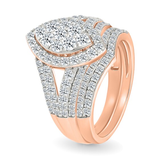 1.45 CT. T.W. Marquise-Shaped Multi-Diamond Frame Multi-Row Split Shank Bridal Set in 10K Rose Gold