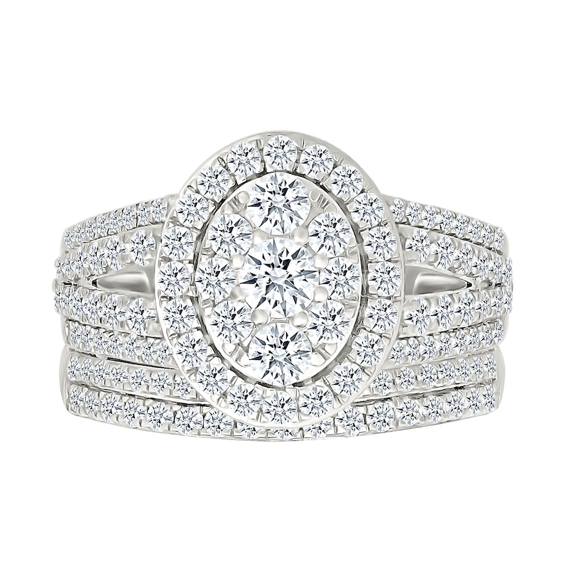 1.45 CT. T.W. Oval-Shaped Multi-Diamond Frame Multi-Row Split Shank Bridal Set in 10K White Gold