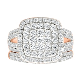 1.45 CT. T.W. Cushion-Shaped Multi-Diamond Double Frame Multi-Row Split Shank Bridal Set in 10K Rose Gold