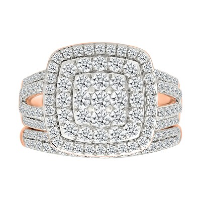 1.45 CT. T.W. Cushion-Shaped Multi-Diamond Double Frame Multi-Row Split Shank Bridal Set in 10K Rose Gold