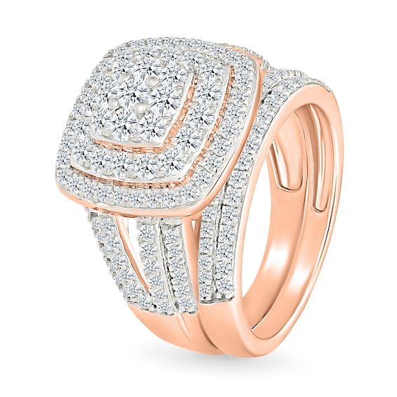 1.45 CT. T.W. Cushion-Shaped Multi-Diamond Double Frame Multi-Row Split Shank Bridal Set in 10K Rose Gold