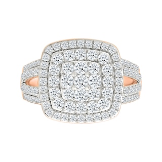 1.45 CT. T.W. Cushion-Shaped Multi-Diamond Double Frame Multi-Row Split Shank Bridal Set in 10K Rose Gold