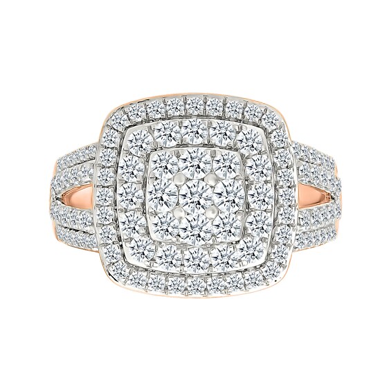 1.45 CT. T.W. Cushion-Shaped Multi-Diamond Double Frame Multi-Row Split Shank Bridal Set in 10K Rose Gold