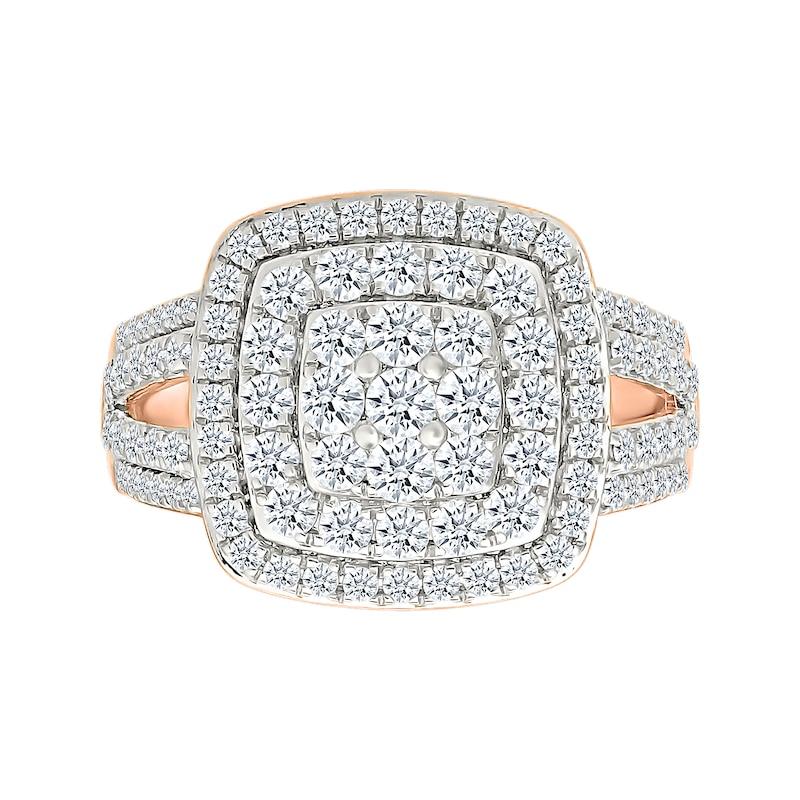 1.45 CT. T.W. Cushion-Shaped Multi-Diamond Double Frame Multi-Row Split Shank Bridal Set in 10K Rose Gold