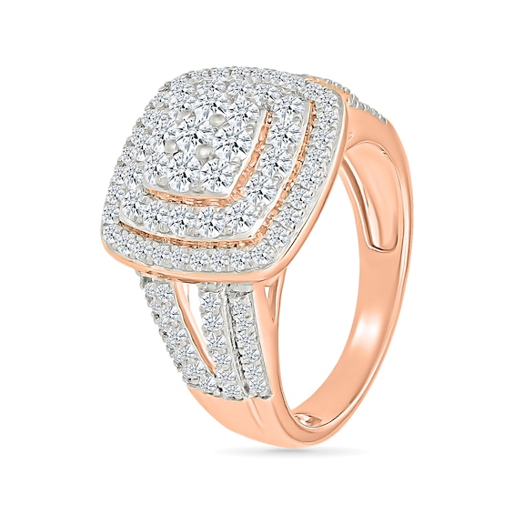 1.45 CT. T.W. Cushion-Shaped Multi-Diamond Double Frame Multi-Row Split Shank Bridal Set in 10K Rose Gold