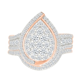 1.23 CT. T.W. Pear-Shaped Multi-Diamond Swirl Frame Triple Row Shank Bridal Set in 10K Rose Gold