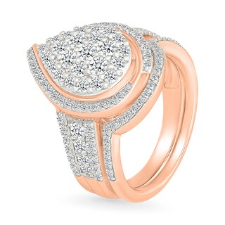 1.23 CT. T.W. Pear-Shaped Multi-Diamond Swirl Frame Triple Row Shank Bridal Set in 10K Rose Gold
