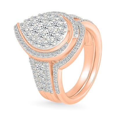 1.23 CT. T.W. Pear-Shaped Multi-Diamond Swirl Frame Triple Row Shank Bridal Set in 10K Rose Gold