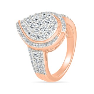 1.23 CT. T.W. Pear-Shaped Multi-Diamond Swirl Frame Triple Row Shank Bridal Set in 10K Rose Gold