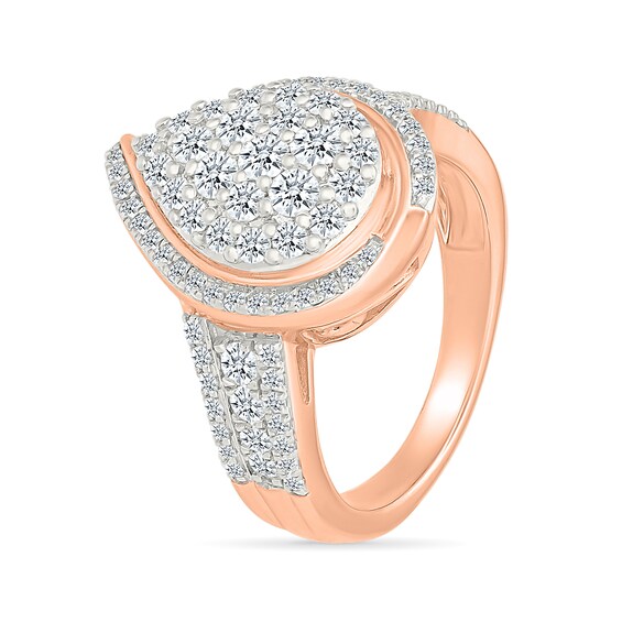 1.23 CT. T.W. Pear-Shaped Multi-Diamond Swirl Frame Triple Row Shank Bridal Set in 10K Rose Gold