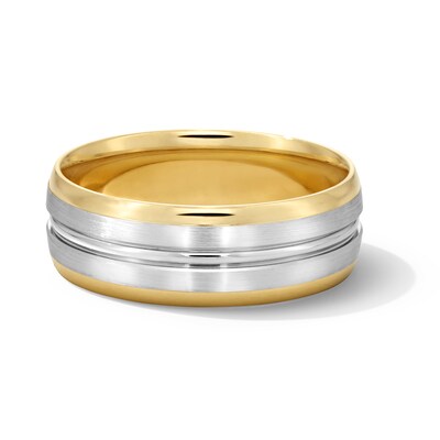 7.0mm Multi-Finish Stepped Edge Engravable Wedding Band in Two-Tone 10K Gold (1 Line)