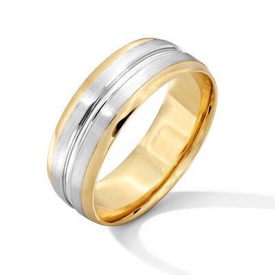 7.0mm Multi-Finish Stepped Edge Engravable Wedding Band in Two-Tone 10K Gold (1 Line)