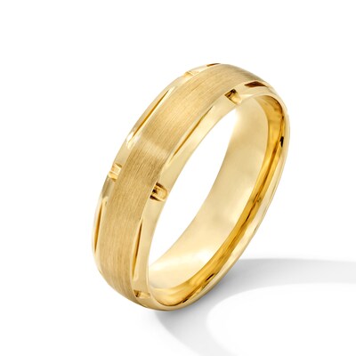 6.0mm Multi-Finish Bevelled Edge Engravable Wedding Band in 10K Gold (1 Line)