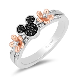 Disney Treasures Mickey Mouse 0.145 CT. T.W. Black and White Diamond Flower Ring in Sterling Silver and 10K Rose Gold