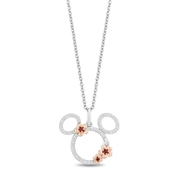 Disney Treasures Mickey Mouse Garnet and Diamond Flower Silhouette Pendant in Sterling Silver and 10K Rose Gold - 19”
