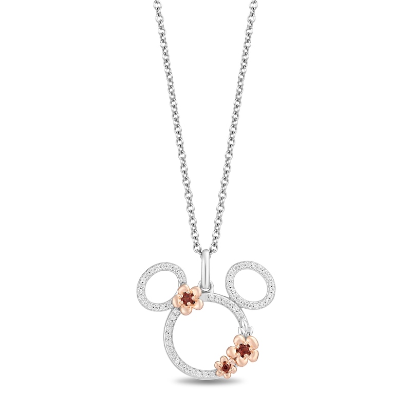 Main Image 1 of Disney Treasures Mickey Mouse Garnet and Diamond Flower Silhouette Pendant in Sterling Silver and 10K Rose Gold - 19”