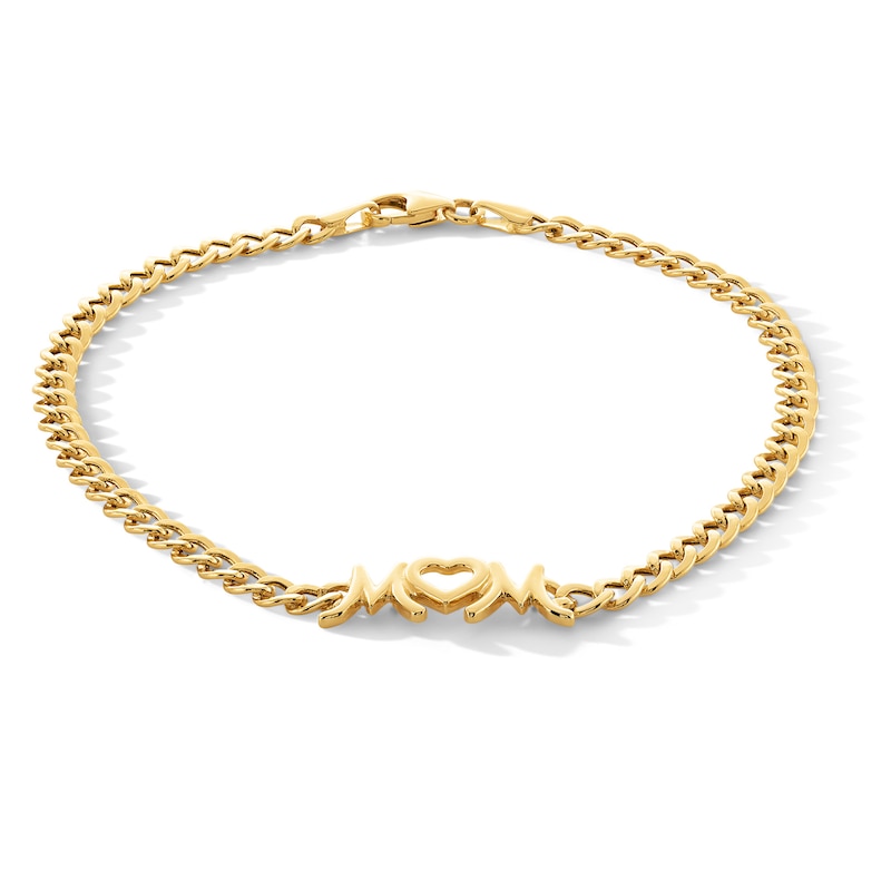 "MOM" Curb Chain Bracelet in Hollow 10K Gold - 7.25"