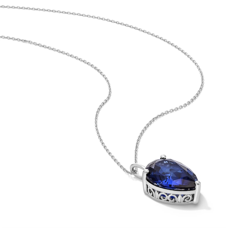 Main Image 3 of Pear-Shaped Blue Lab-Created Sapphire Solitaire Pendant in Sterling Silver