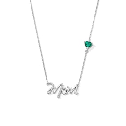 5.0mm Heart-Shaped Lab-Created Emerald and White Lab-Created Sapphire “Mom” Necklace in Sterling Silver